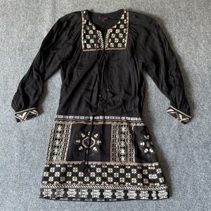 Hale Bob Dress XS Black Embroidered Boho Mini Long Sleeve‎ Bohemian